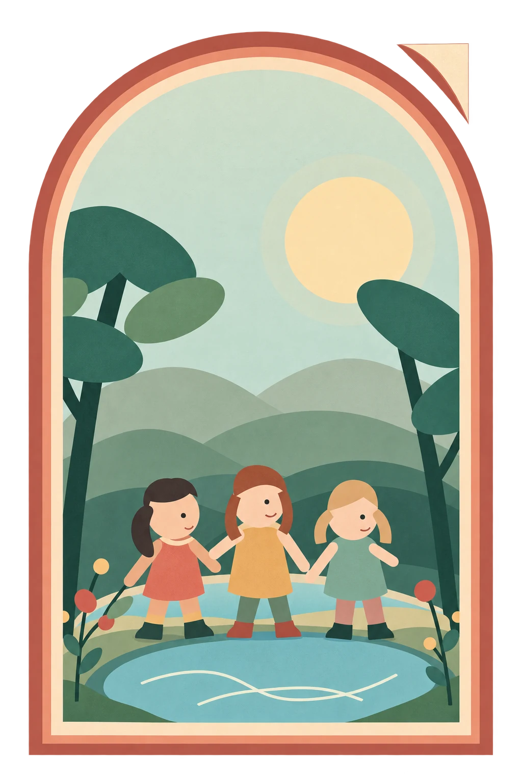 Una porta ad arco si apre su un paesaggio verde: tre bambine si tengono per mano accanto a un laghetto.
